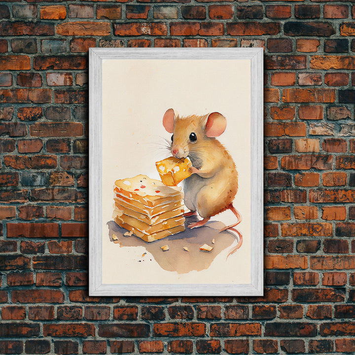 Mouse eatin' some cheese Watercolor Print, Mouse Art Painting, Framed Canvas Print, Cute mouse cartoon