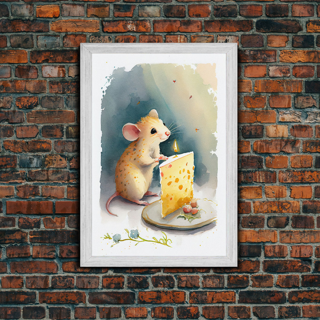 Cute mouse birthday party Watercolor Print, Mouse Art Painting, Framed Canvas Print, Cute mouse cartoon