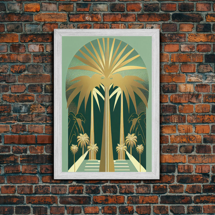 Boho Modern Frank Lloyd Wright-inspired Art Deco Canvas Print, Emerald Green and Gold Palm Tree, wall decor, wall art original, MCM Art