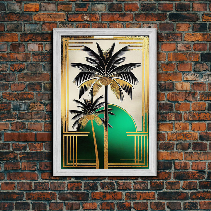 Boho Modern Frank Lloyd Wright-inspired Art Deco Canvas Print, Emerald Green and Gold Palm Tree, wall decor, wall art original, MCM Art