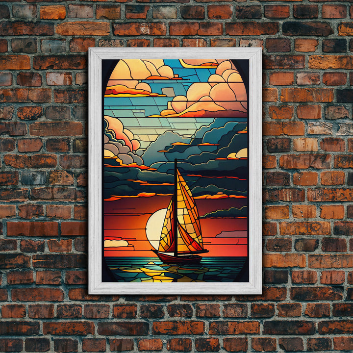 Art Deco Wall Art, Sailboat and Sunset Framed Canvas Print, Art Deco / MCM Wall Art, Stained Glass Reflections