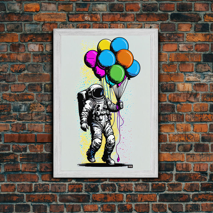 Urban Wall Art, Banksy Inspired, Astronaut Holding Colorful Balloons, Framed Canvas Print, Graffiti Art