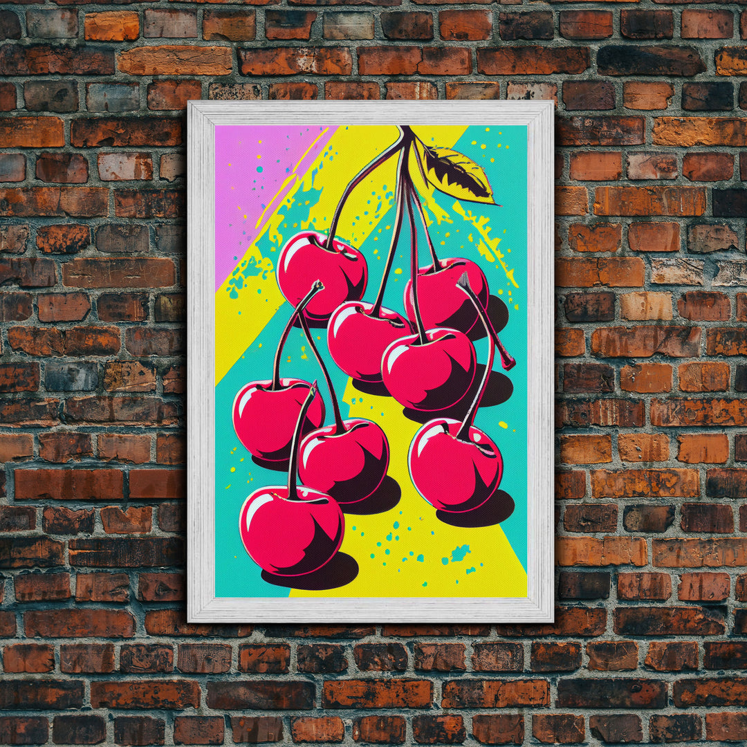 Pop Art Cherry Painting Canvas Print, Framed Art, MCM Style, Midcentury Modern Pop Art, Retro Comic Book Style Wall Art