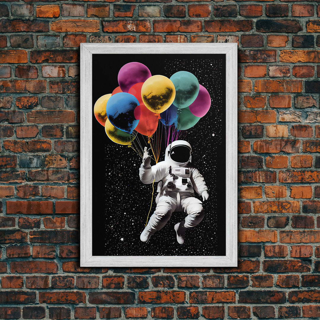 Urban Wall Art, Banksy Inspired, Astronaut Holding Colorful Balloons, Framed Canvas Print, Graffiti Art, Space Art