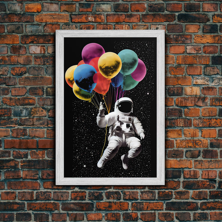 Urban Wall Art, Banksy Inspired, Astronaut Holding Colorful Balloons, Framed Canvas Print, Graffiti Art, Space Art