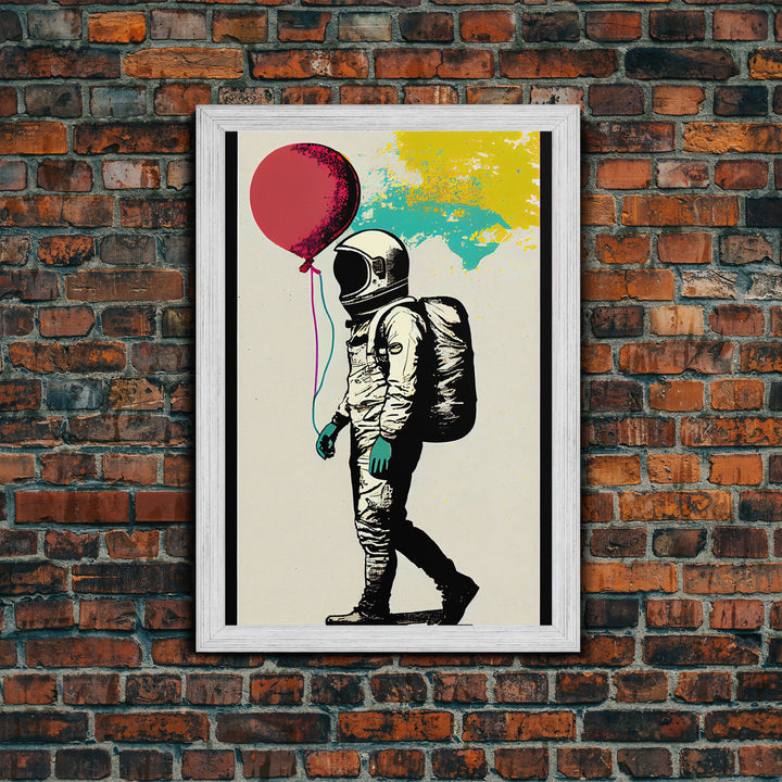 Urban Wall Art, Banksy Inspired, Astronaut Holding Colorful Balloons, Framed Canvas Print, Graffiti Art, Space Art