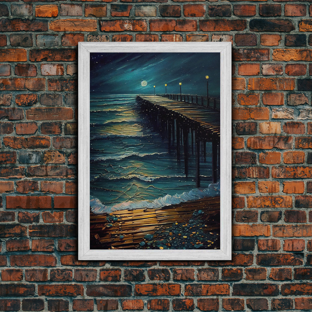 Van Gogh Starry Night Inspired, The Beach Boardwalk at Midnight, Framed Canvas Print, Unique Wall Art, Canvas Art, Living Room Decor