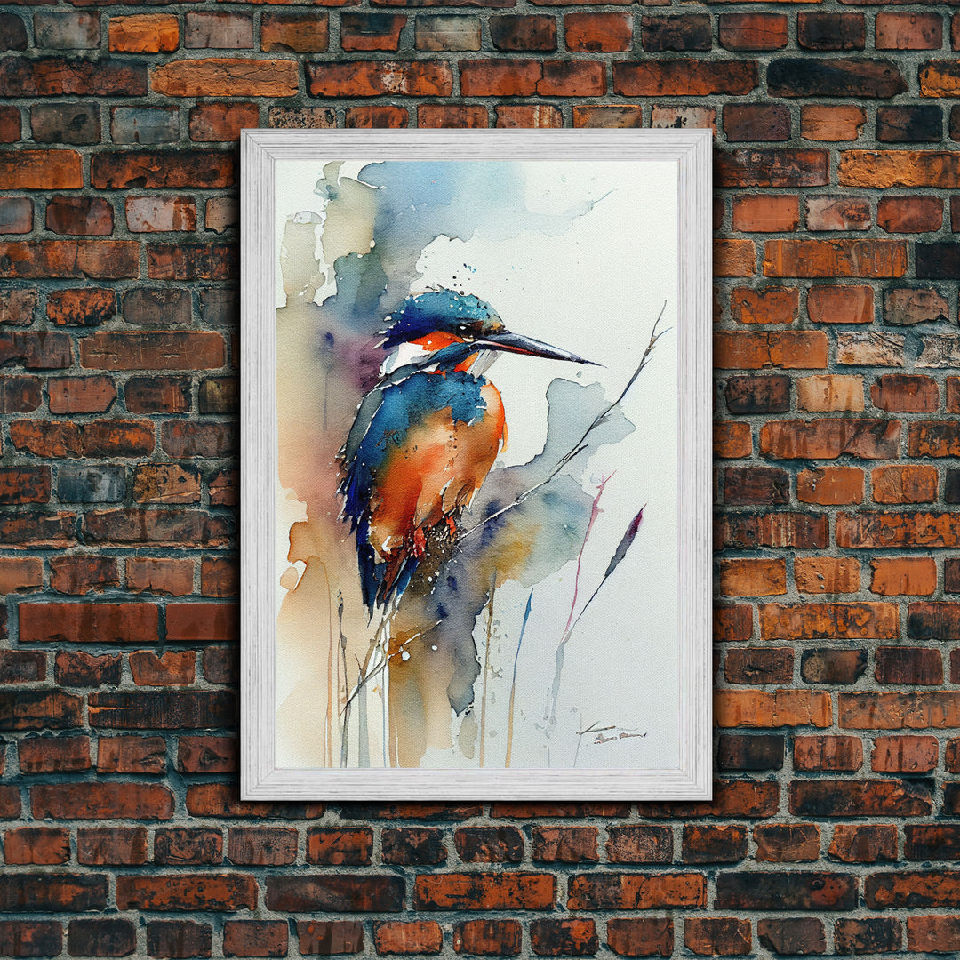 Watercolor of a Kingfisher, Framed Canvas Print, Bird Painting, Bird Watcher Art, Blue and Orange Kingfisher Watercolor Painting