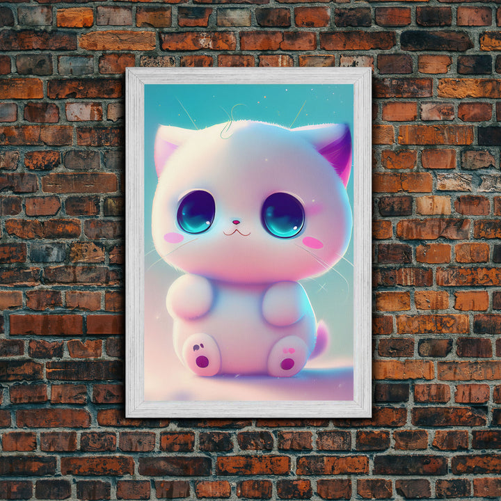 Cute Kawaii Kitten, Anime Style Art, Framed Canvas Print, Framed Art, Cat Portrait, Cartoon Cat