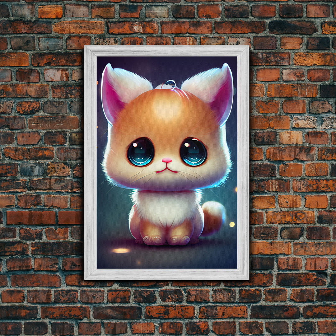 Cute Kawaii Kitten, Anime Style Art, Framed Canvas Print, Framed Art, Cat Portrait, Cartoon Cat, Kawaii Artwork