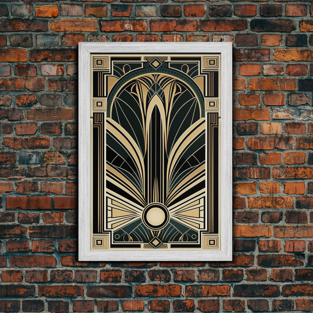 Art Deco Wall art, Framed Canvas Print, Art Deco, Gold & green art, Geometric art, Midcentury Modern, Stained glass art, Office decor