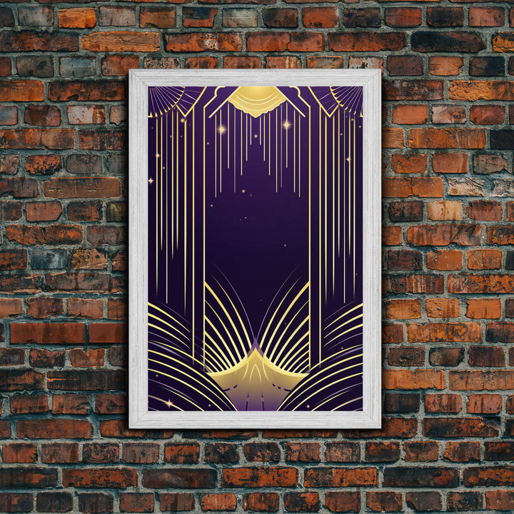 Midcentury Modern Wall art, Framed Canvas Print, Art Deco, Pattern art, Gold & purple art, Living room art, Bright colors, Lines art