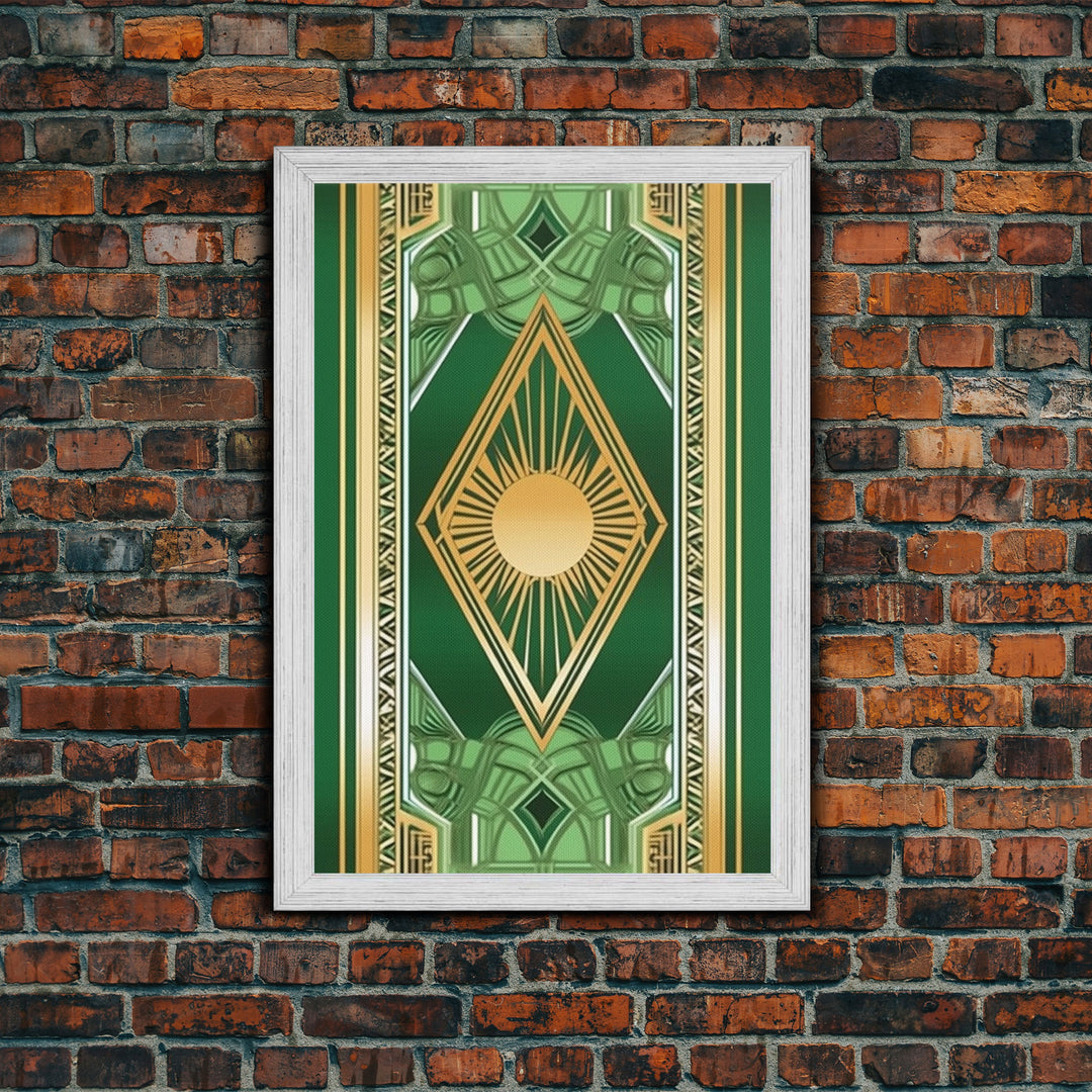 Midcentury Modern Wall art, Framed Canvas Print, Art Deco, Gold & green art, Framed painting, Original painting, Office decor, Geometric art