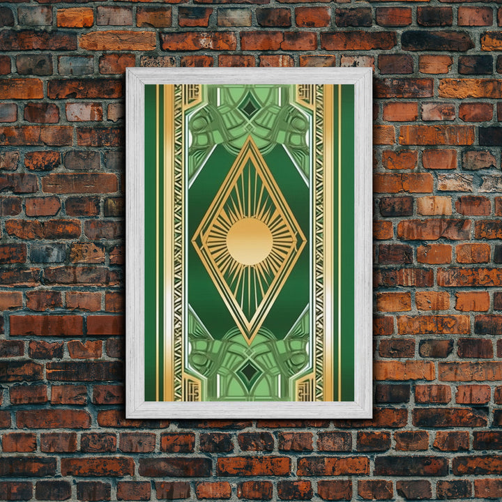 Midcentury Modern Wall art, Framed Canvas Print, Art Deco, Gold & green art, Framed painting, Original painting, Office decor, Geometric art