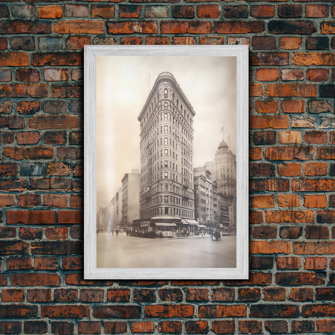 NYC Flat Iron, New York City Art, Framed Canvas Print, Charcoal Drawing, Original Art, Wall Decor, Black And White Art