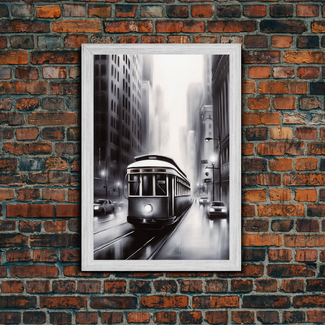 Brooklyn Street Car Trolley, Framed Canvas Print, Retro Charcoal Drawing of NYC in The Rain