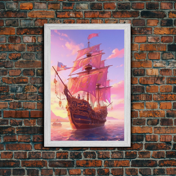 Gothic Pirate Ship at Sunset, Framed Canvas Print, Fantasy Wall Art, Wall Decor, Pirate Wal Art, Gift For Him, Kid's Room Art