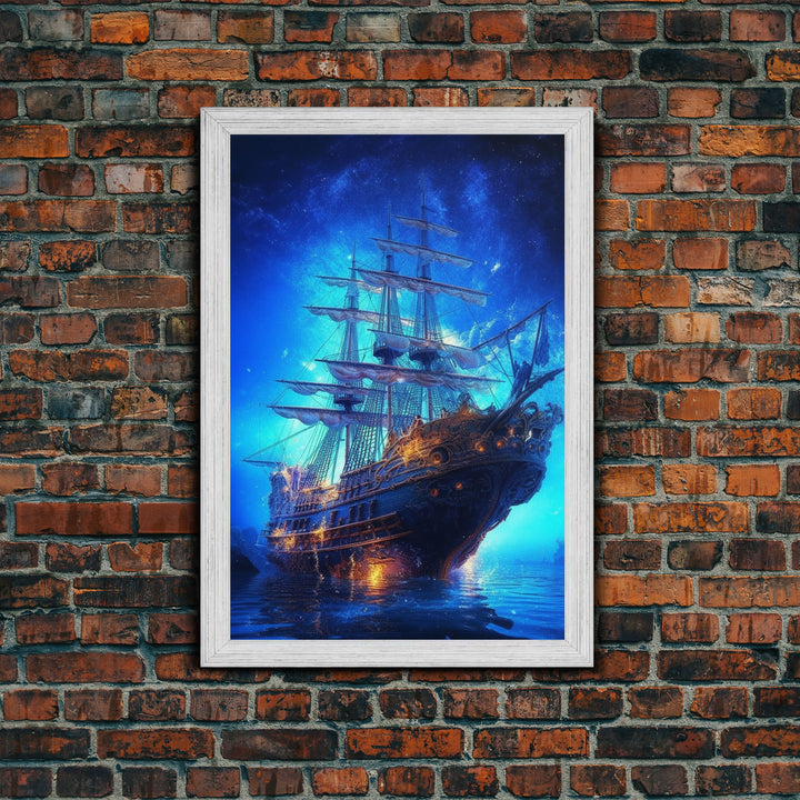 Haunted Pirate Ghost Ship Under The Night Sky, Framed Canvas Print, Fantasy Wall Art, Wall Decor, Pirate Wal Art, Gift For Him, Kid's Room