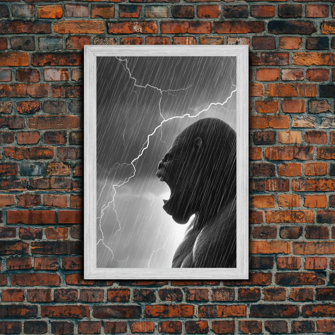 Gorilla Roaring In A Thunder Storm, Framed Canvas Print, Cool Wall Art, Ape Art