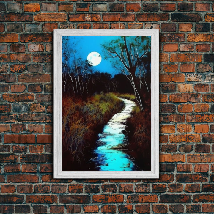 Spooky Art, Full Moon Over a Calm Stream At Night, Framed Canvas Print, Nature / Landscape Painting