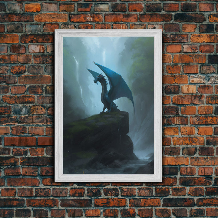 Majestic Forest Dragon Wall Art, Framed Canvas Print, Dragon Fantasy Painting, Forest Dragon Behind Secret Waterfalls Abstract Fantasy Art