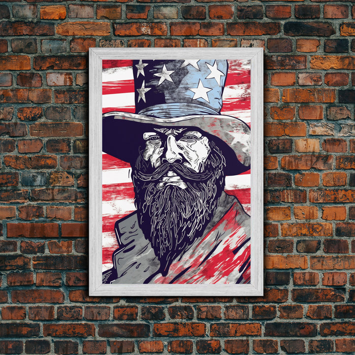 Wild West Uncle Sam Portrait, Patriotic Art, Framed Canvas Print, Stars and Stripes, Wall Art, Wild West Decor