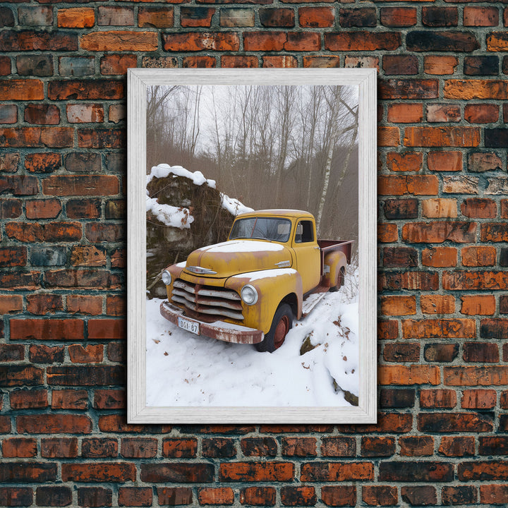 Vintage Snow Covered Chevy Truck, 1950s Truck, Framed Canvas Print, Rusty Truck Photography