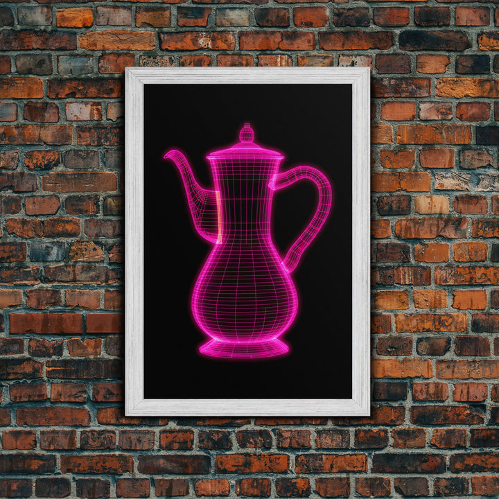 Pink 3D Cofee Pot Wall Art, Kitchen Wall Decor, 3D Art, Neon Lights, Minimalist Print, Wall Decor, Canvas Print, Wall Art, Framed Canvas