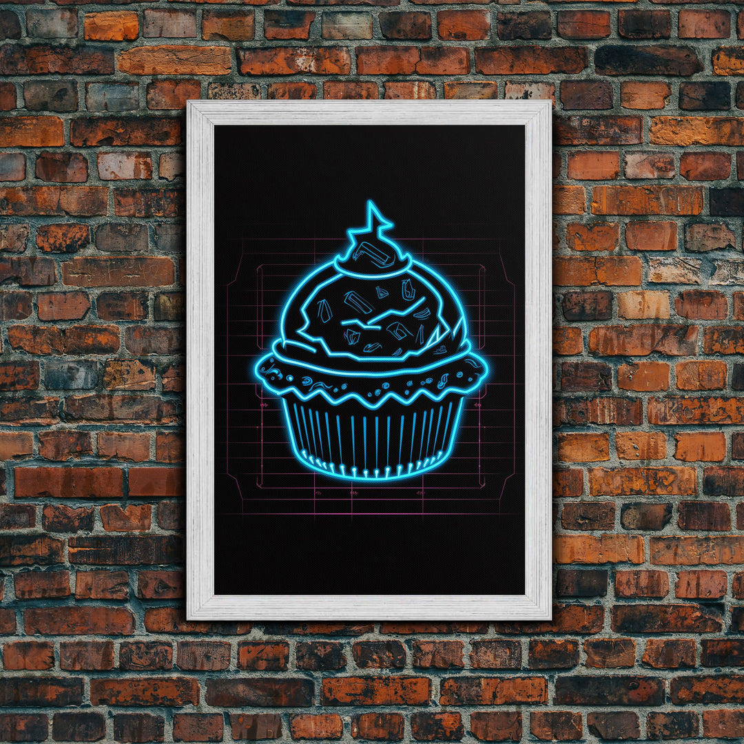 Teal Neon Lights Cupcake Wall Decor, Kitchen Wall Art, Glowing Art, Minimalist Print, Wall Decor, Canvas Print, Wall Art, Framed Canvas