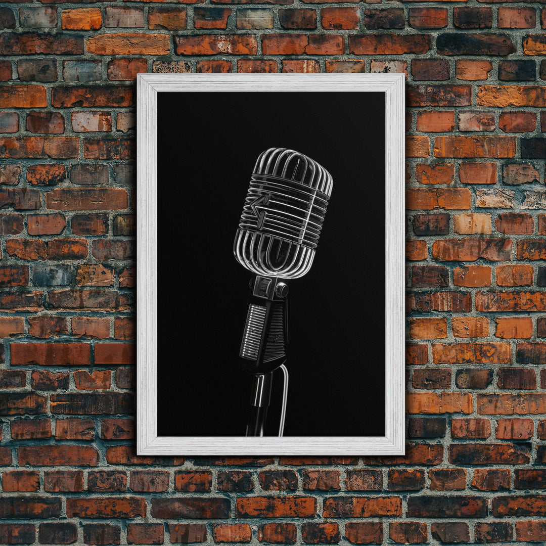 Silver Retro Microphone Wall Art, Mic Wall Art, Music Room Wall Art, Minimalist Print, Wall Decor, Canvas Print, Wall Art, Framed Canvas