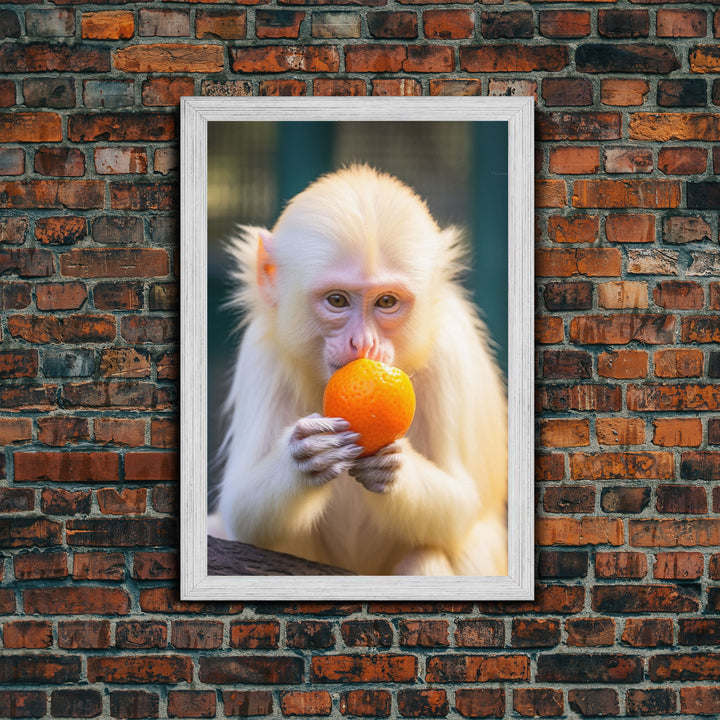 White Monkey Wall Decor, Albino Monkey Wall Art, Monkey Eating Orange, Animal Wall Art, Wall Decor, Canvas Print, Wall Art, Framed Canvas