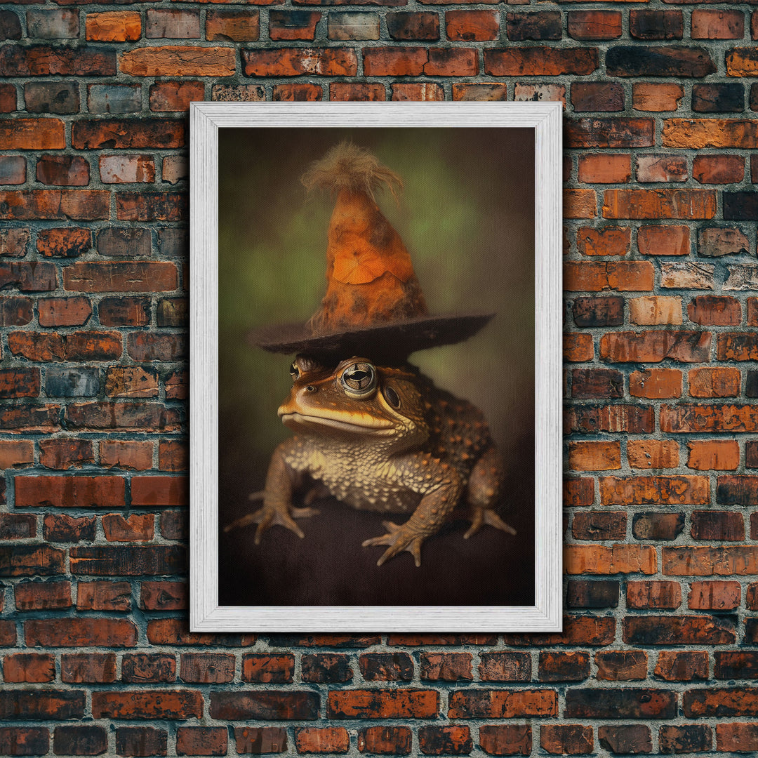 Frog Wall Art, Frog Wearing Witch Hat, Funny, Animal Wall Art, Nature, Modern Print, Wall Decor, Canvas Print, Wall Art, Framed Canvas