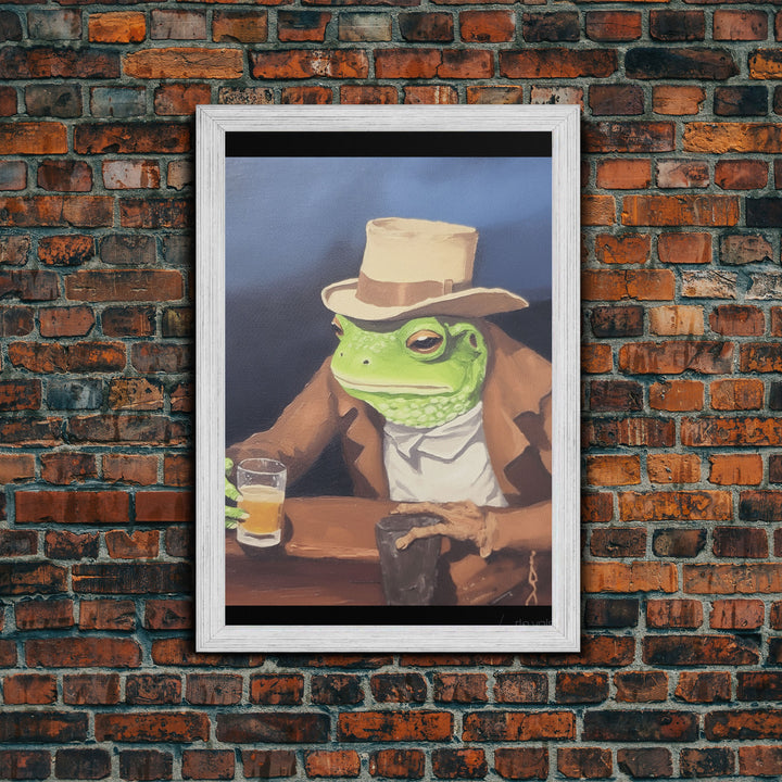 Sad Cowboy Frog Havin' a Beer, Cowboy Frog Framed Canvas Print