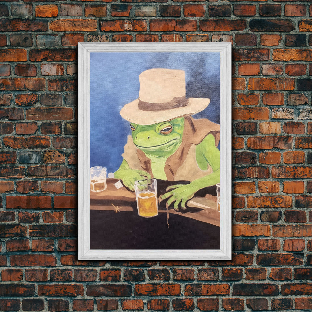 Sad Cowboy Frog Havin' a Beer, Cowboy Frog Framed Canvas Print