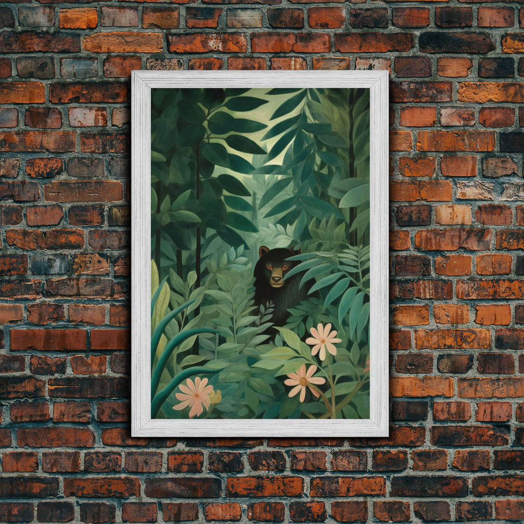 Rousseau Inspired Botanical Print, Framed Canvas Art, Bear Hiding In The Jungle, Dark Green Wall Art, Emerald Green Wall Art, Poster Print