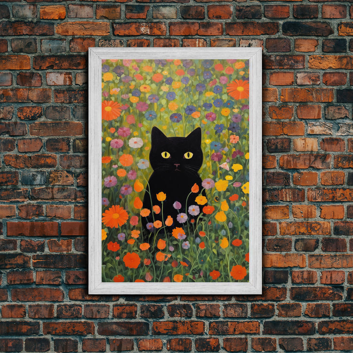 Gustav Klimt Inspired Garden Cat, Funny Black Cat Art, Framed Canvas Print, Fine Art Poster, Cute Cat Art, Funny Gift, Funny Cat Prints