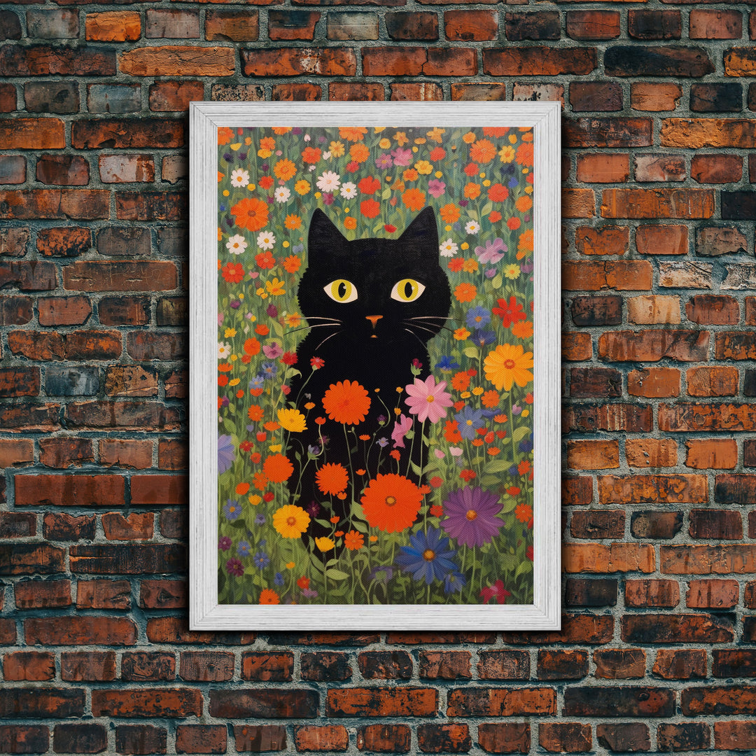 Gustav Klimt Inspired Garden Cat, Funny Black Cat Art, Framed Canvas Print, Fine Art Poster, Cute Cat Art, Funny Gift, Funny Cat Prints