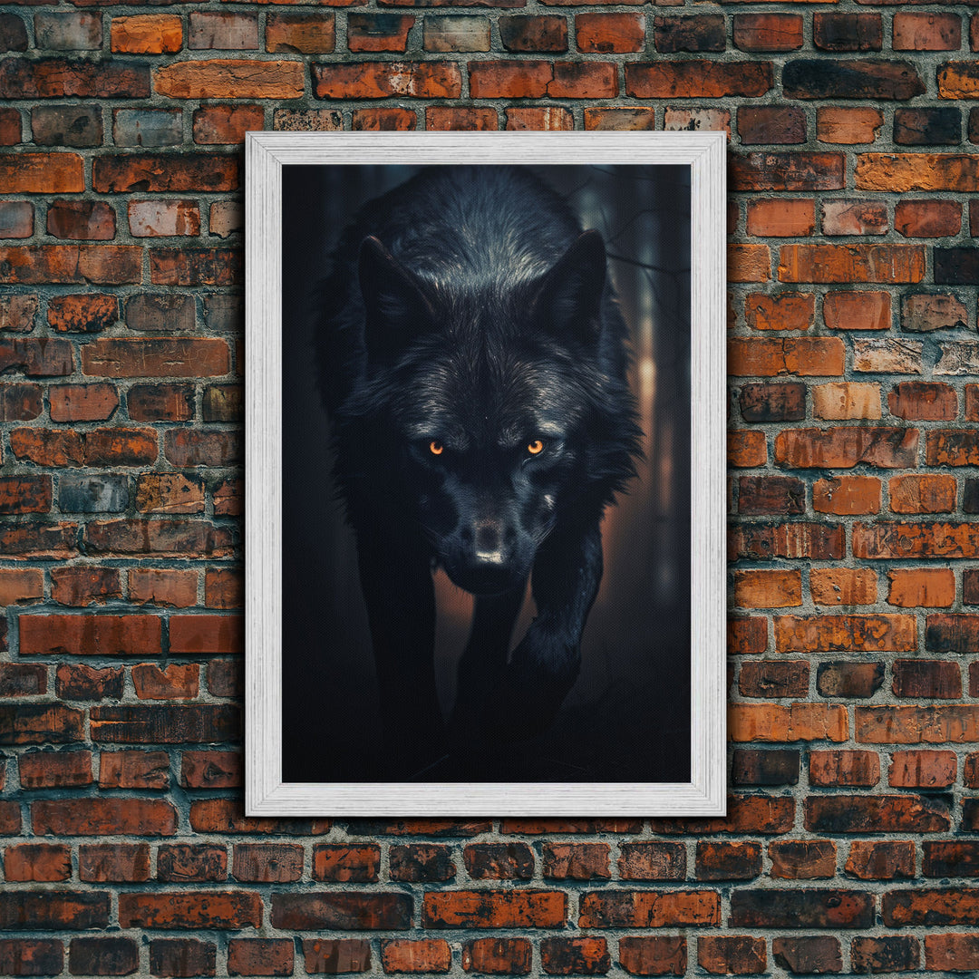 Wolf Print, Black Wolf On The Hunt, Framed Canvas Art