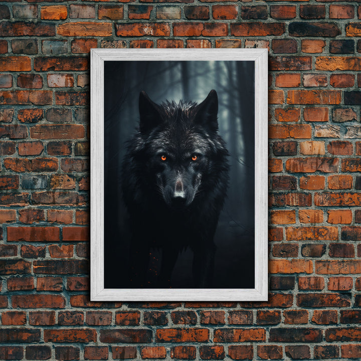 Red Eyed Wolf Print, Black Wolf On The Hunt, Framed Canvas Art