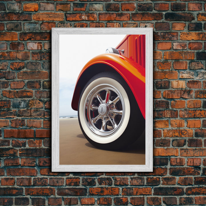 Hot Rod Art, Hot Rot Photography Print, Framed Canvas or Poster, Close Up Shot Of 1930s Hot Rod Chrome Rims, Orange Hot Rod, Gift For Him