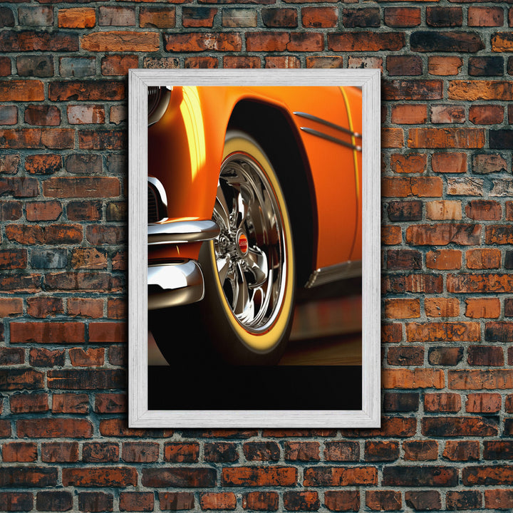 Hot Rod Art, Hot Rot Photography Print, Framed Canvas or Poster, Close Up Shot Of 1950s Hot Rod Chrome Rims, Orange Hot Rod, Gift For Him