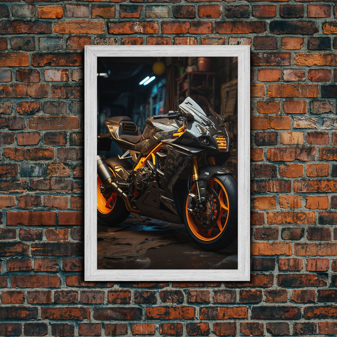 Sport Bike Wall Art, Framed Canvas Print, Futuristic Cyberpunk Motorcycle Wall Art