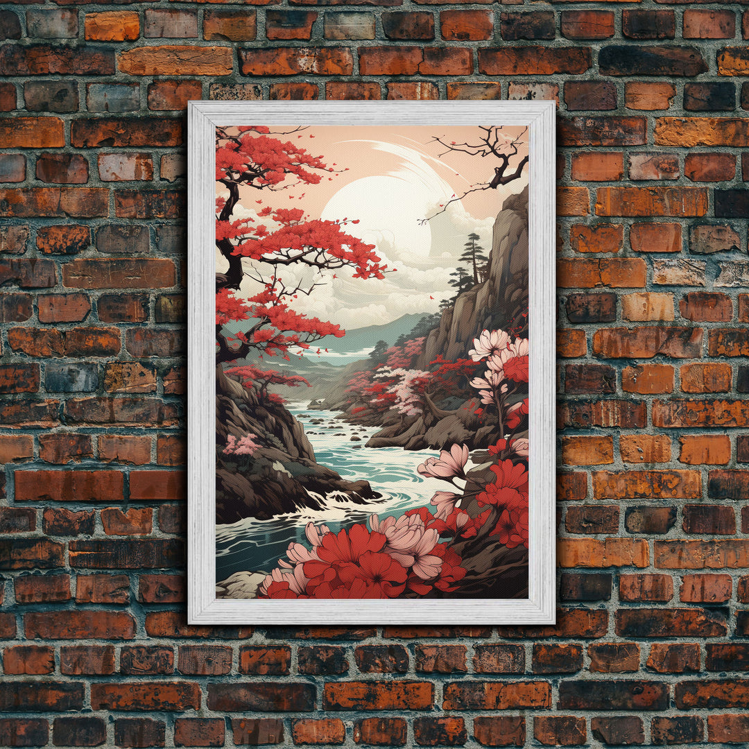 Japanese Wall Art, Japanese Maple Tree, Framed Canvas Print, Japanese Art, Japanese Hanging Wall Art, Red Maples Above A Calm Stream