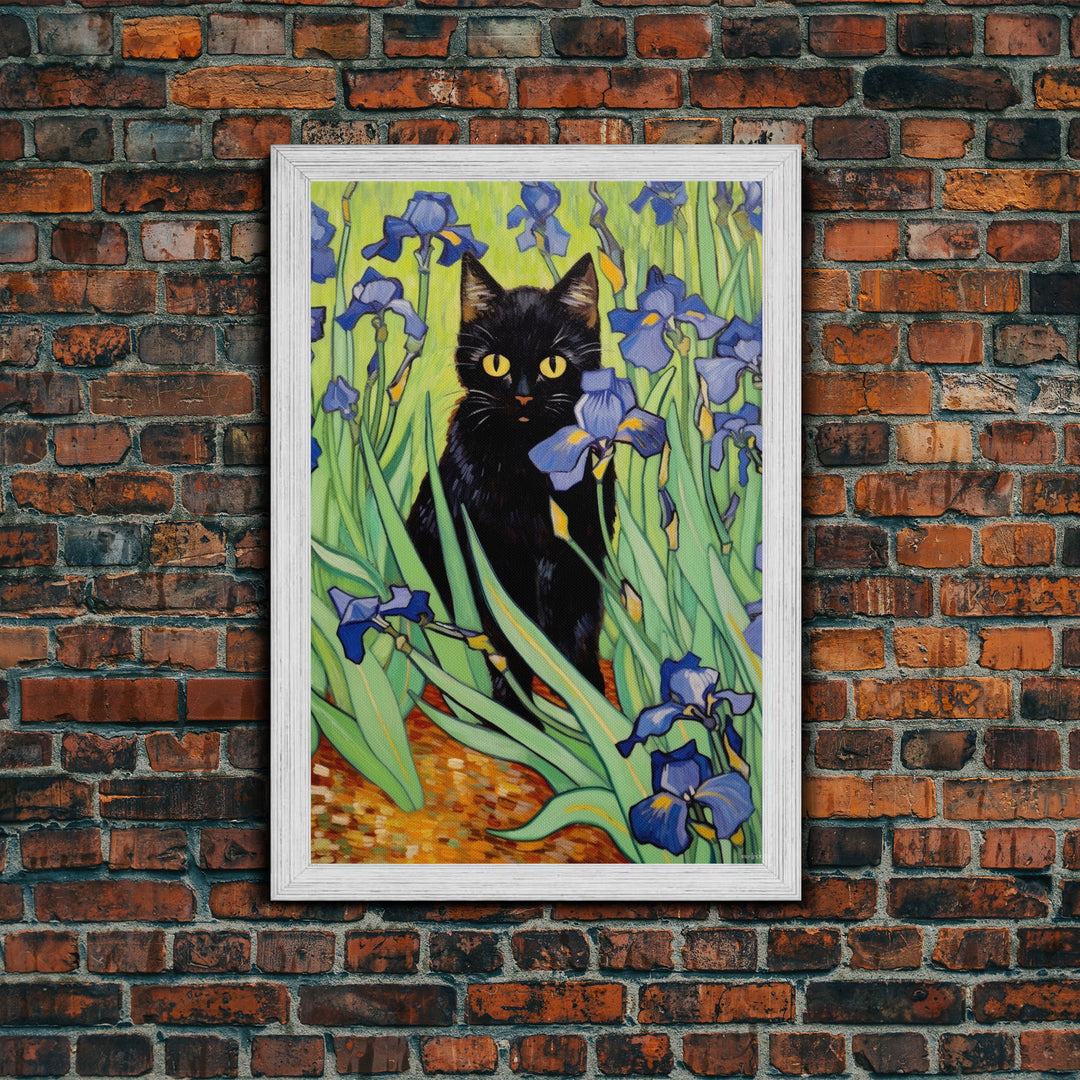 Vincent Van Gogh Inspired Irises Black Cat Wall Art, Framed Canvas Print, Poster Art, Funny Cat Print, Funny Gift, Home Decor Wall Art