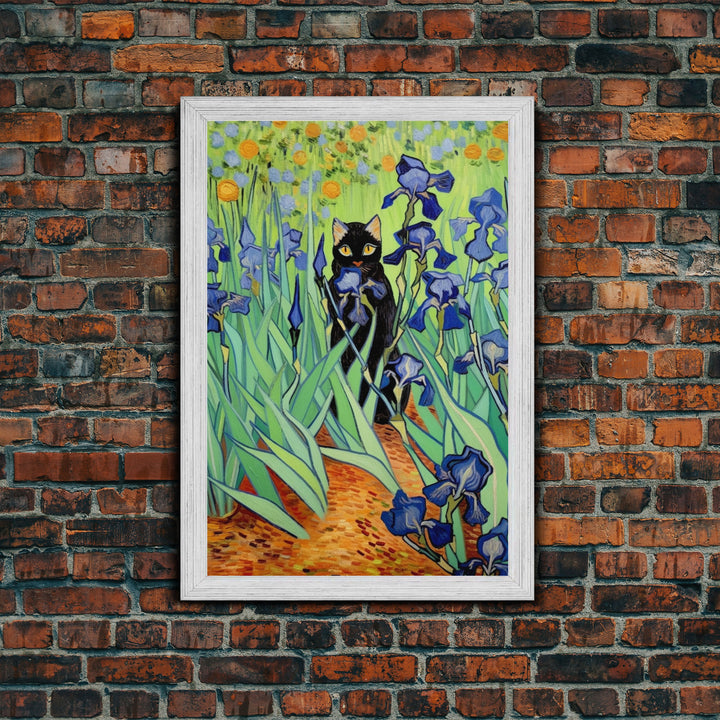 Funny Cat Print, Vincent Van Gogh Inspired Irises Black Cat Wall Art, Framed Canvas Print, Poster Art, Funny Gift, Home Decor Wall Art