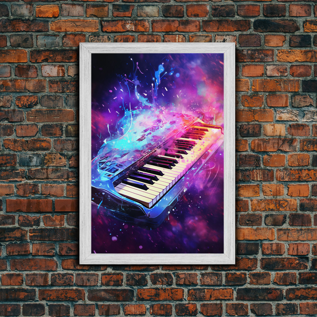 Cosmic Keyboard, Galaxy Music Art Framed Canvas Print, Electric Keyboard, Instrument Art, Studio Wall Decor