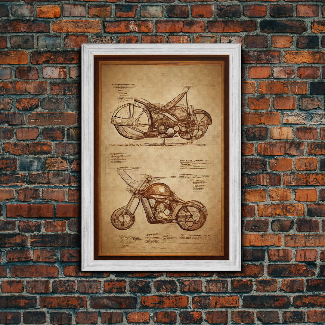 Steampunk motorcycle diagram wall art, canvas print, mancave decor, Da Vinci style diagram motorcycle art, abstract man cave art