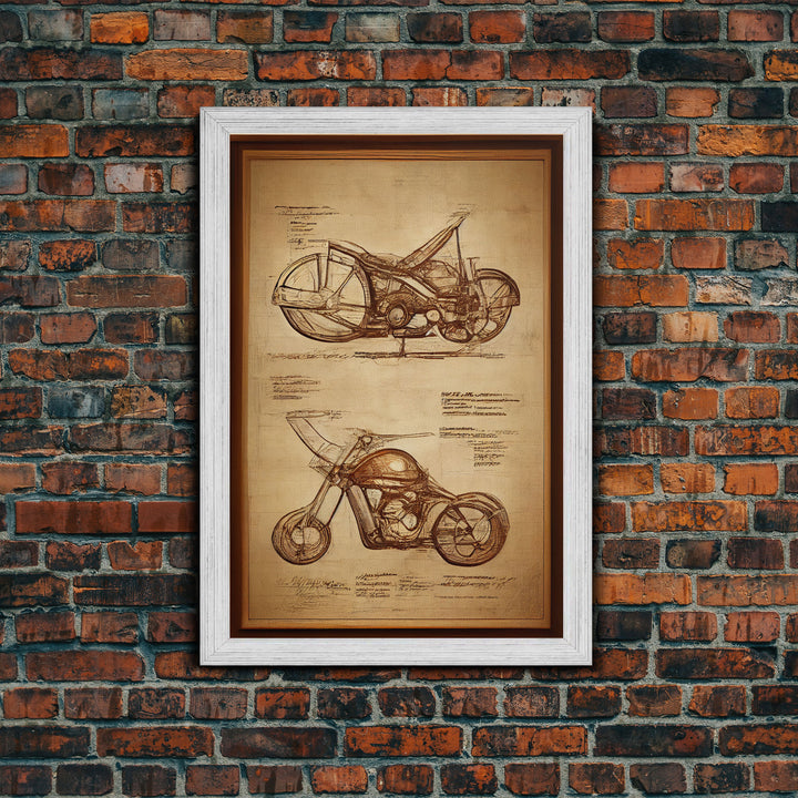 Steampunk motorcycle diagram wall art, canvas print, mancave decor, Da Vinci style diagram motorcycle art, abstract man cave art