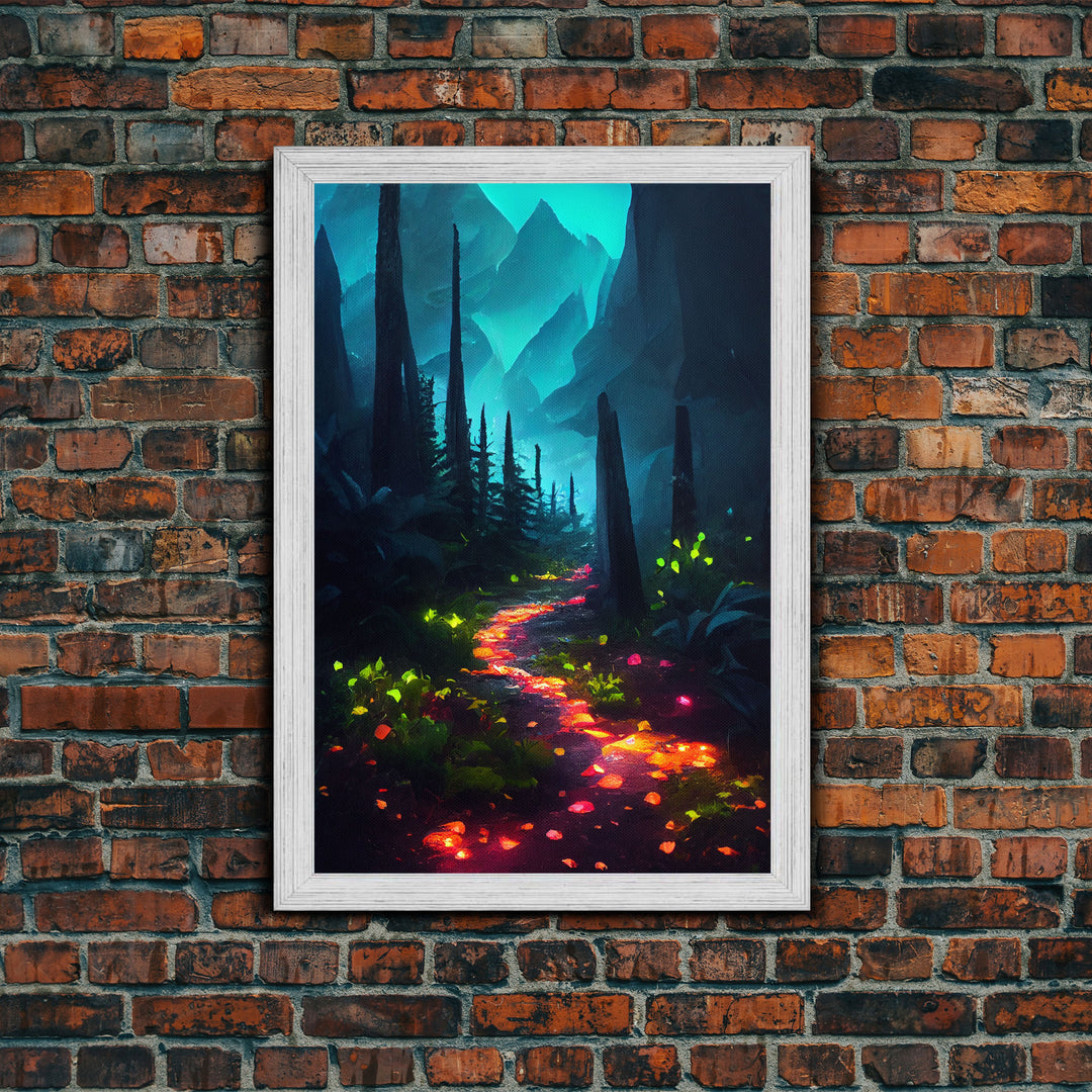 Luminescent magical forest canvas print, glowing trail though the trees, fantasy art