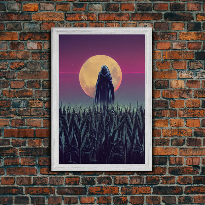 Spooky scarecrow in a corn field canvas print, full moon, Halloween art, scary art